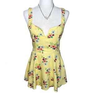 Forever 21 Romper Floral Print Linen Blend Jumpsuit Shorts Yellow Small S